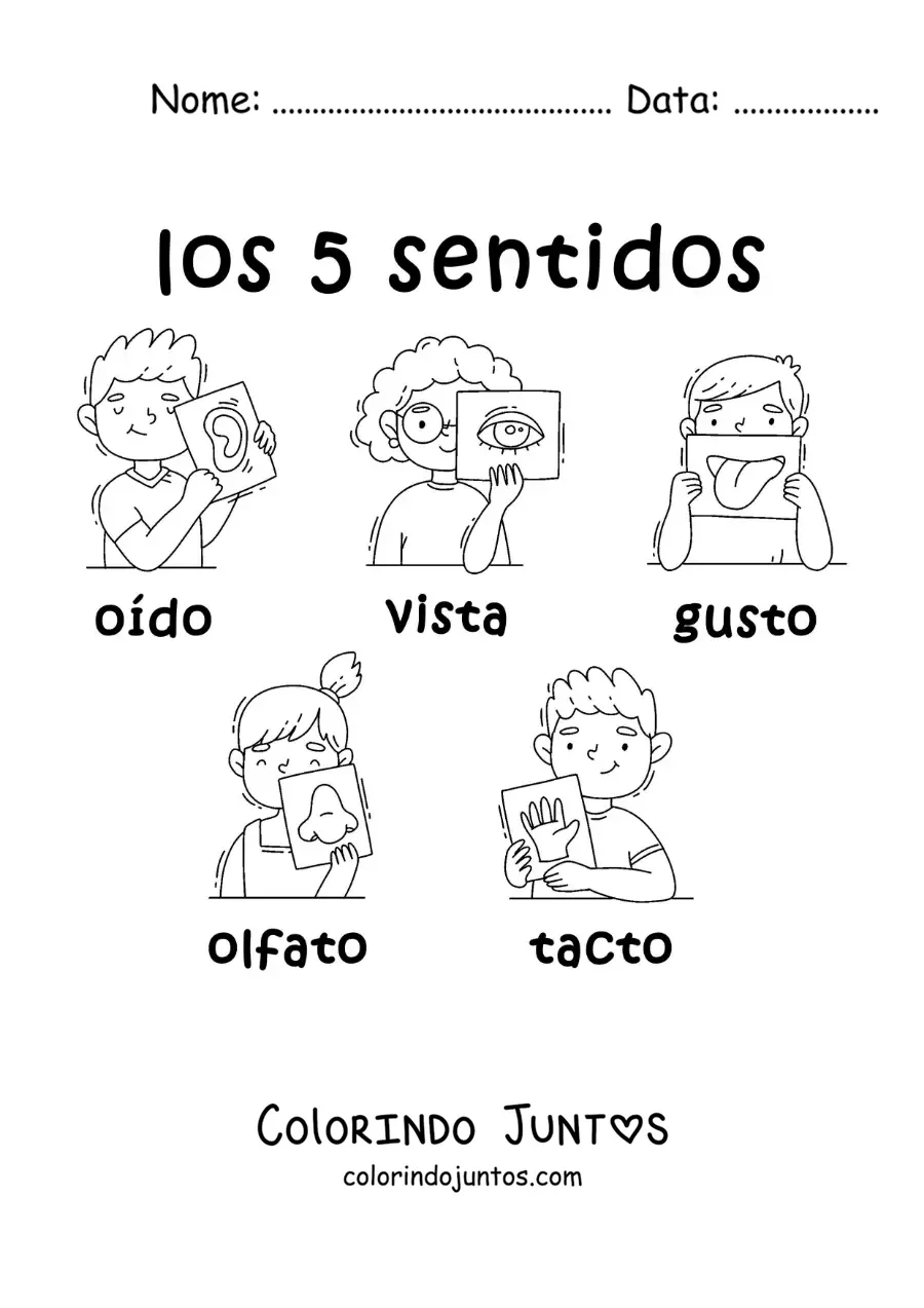 Desenho para colorir de crianças animadas com os 5 sentidos