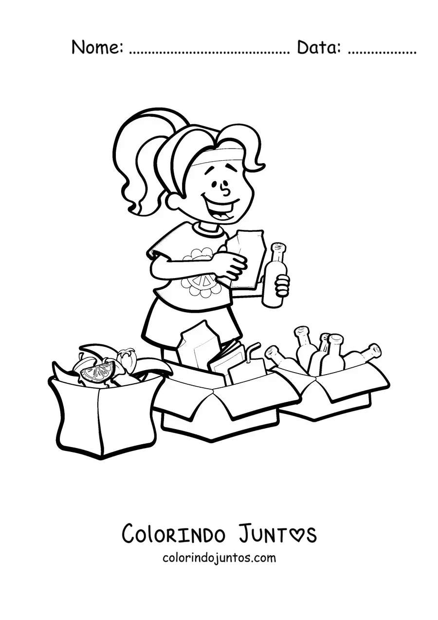 Desenho para colorir de uma menina reciclando