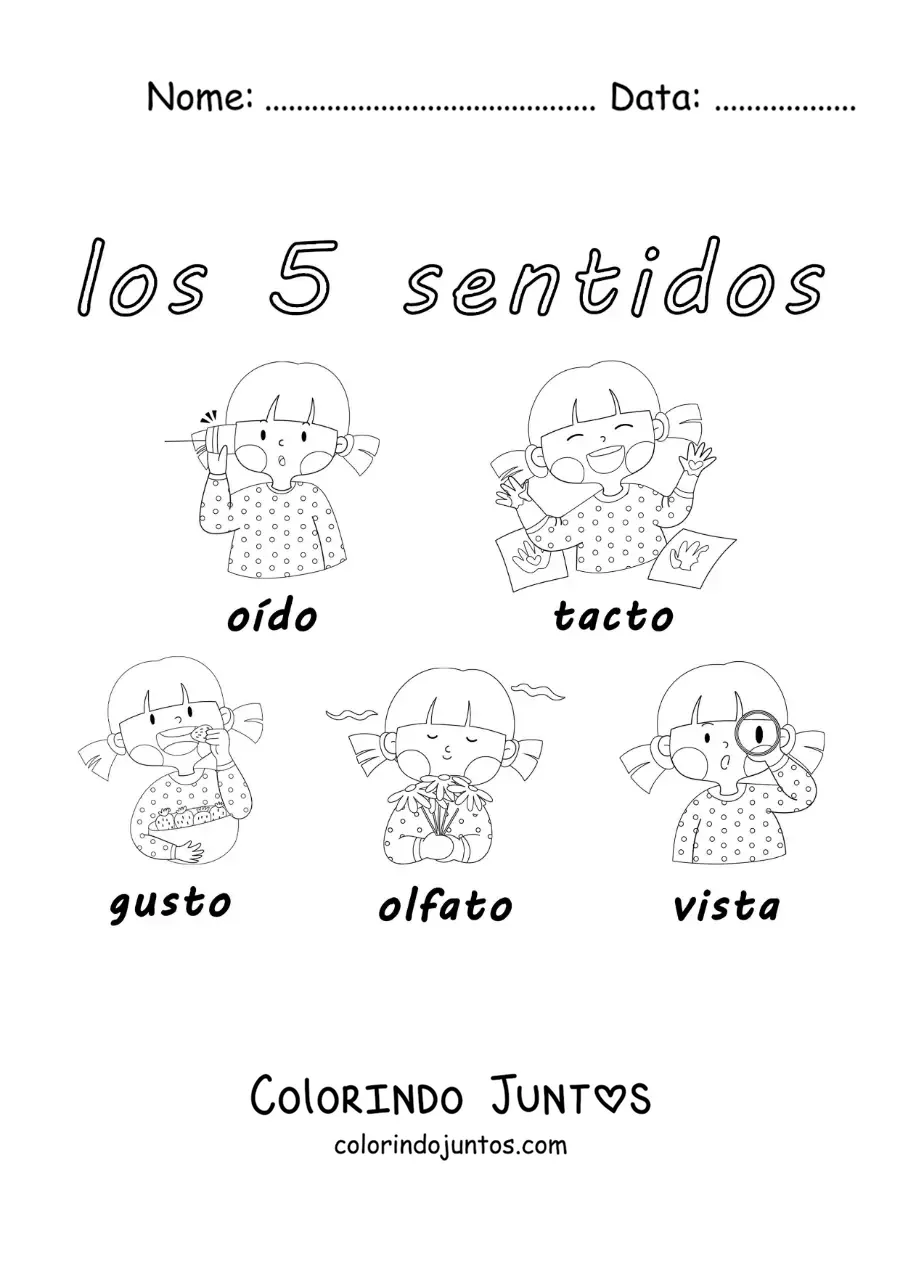 Desenho para colorir de uma menina mostrando os 5 sentidos