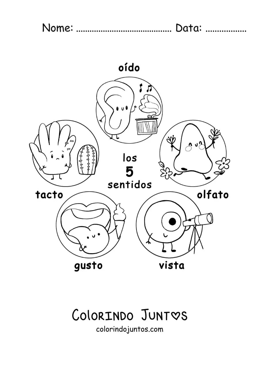 Desenho para colorir de desenhos animados dos 5 sentidos para crianças