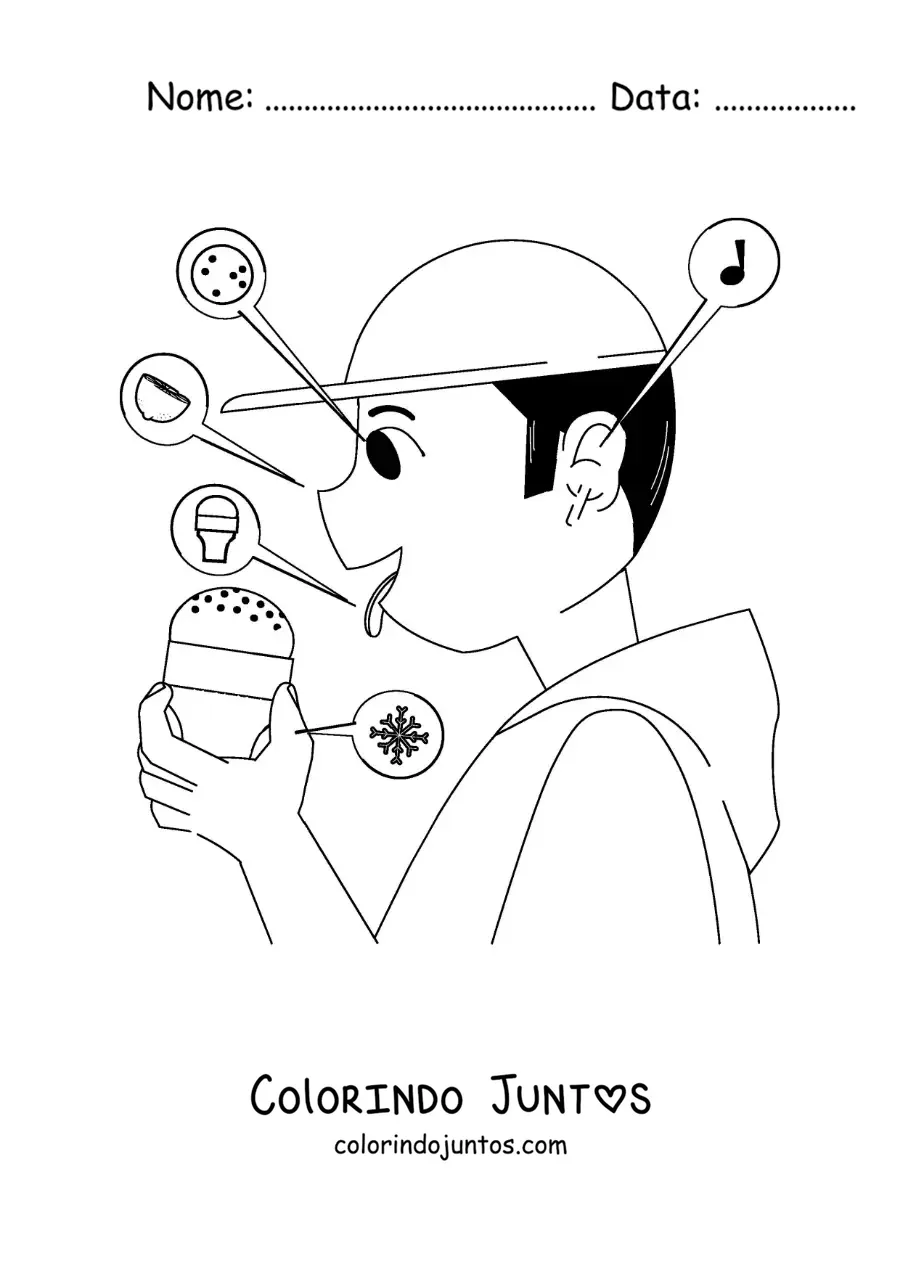 Desenho para colorir da localização dos 5 sentidos no corpo humano