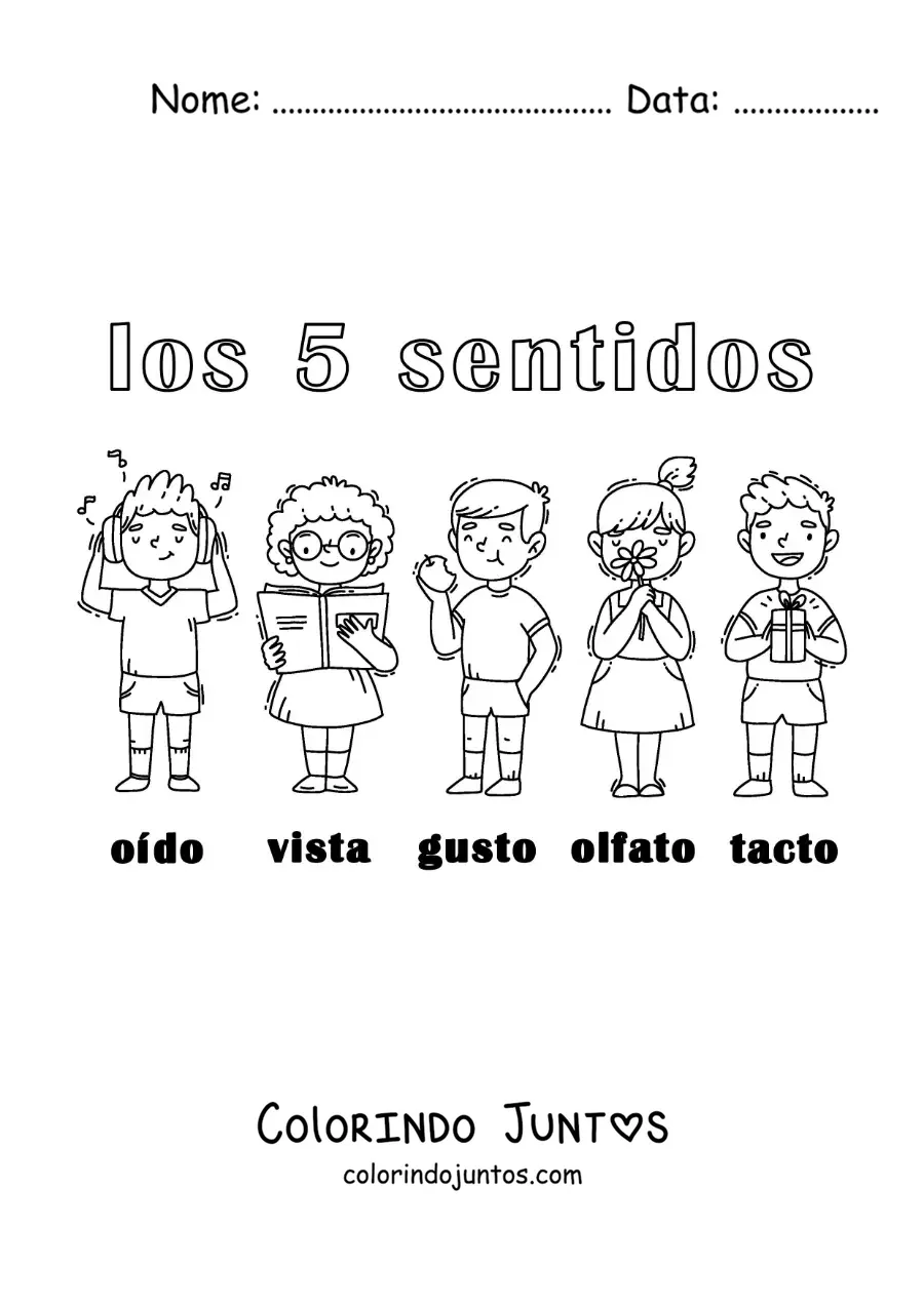 Desenho para colorir de crianças usando os 5 sentidos