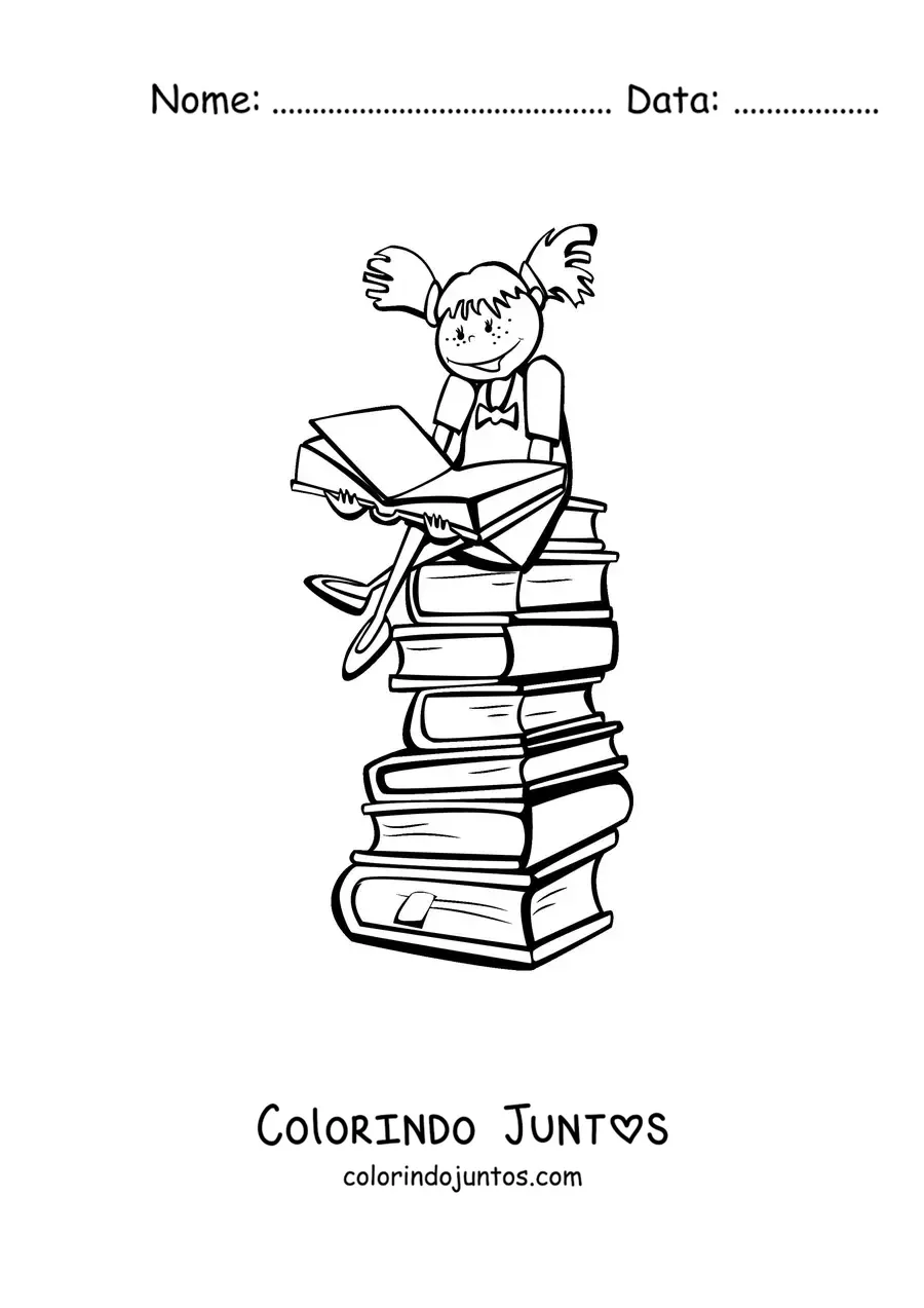Desenho para colorir de uma menina lendo sentada sobre uma pilha de livros