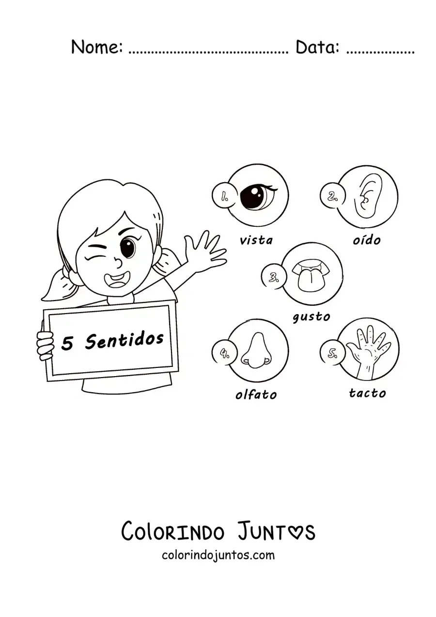 Desenho para colorir de uma menina animada com os cinco sentidos e seus nomes