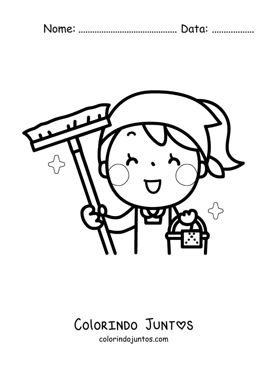Desenho para colorir de uma mãe animada com produtos de limpeza
