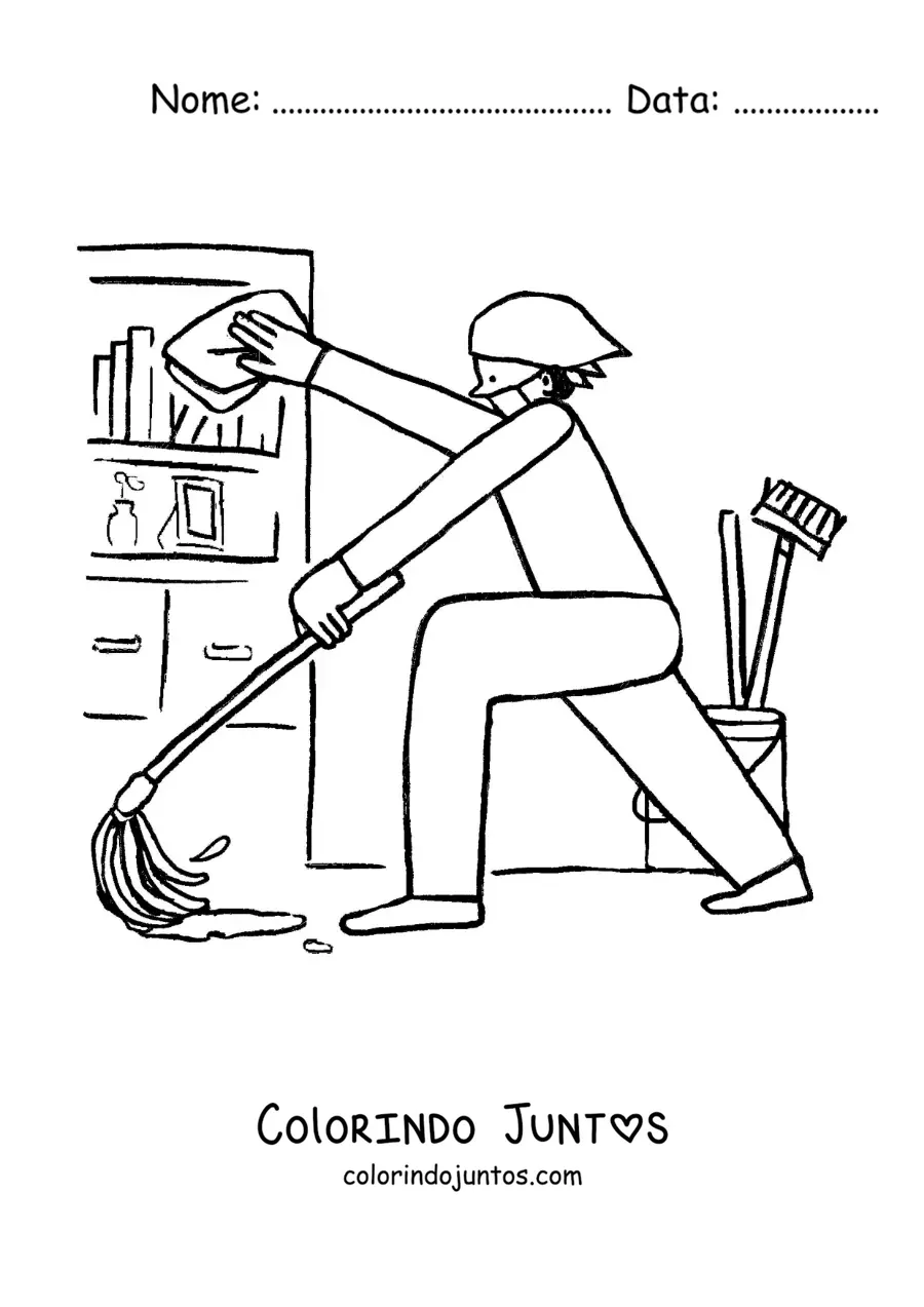 Desenho para colorir de uma pessoa limpando e passando pano em casa
