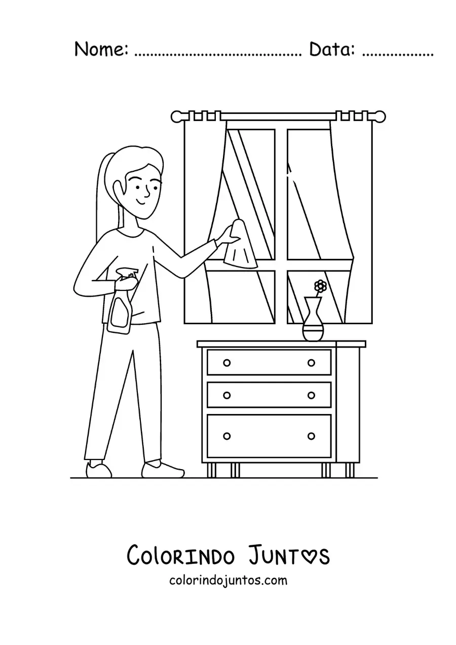 Desenho para colorir de uma garota jovem limpando as janelas de casa