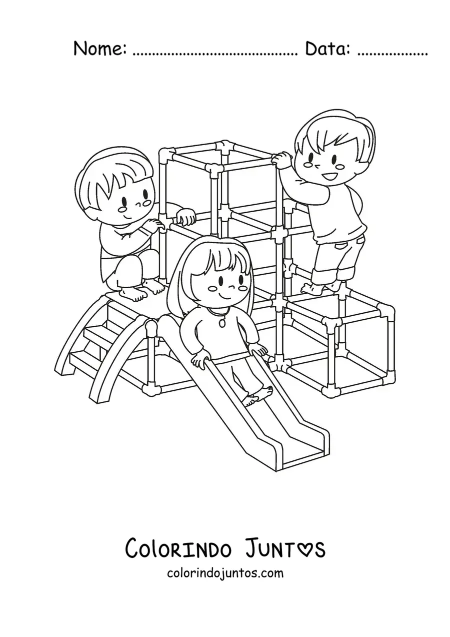 Desenho para colorir de uma menina e dois meninos brincando no parque
