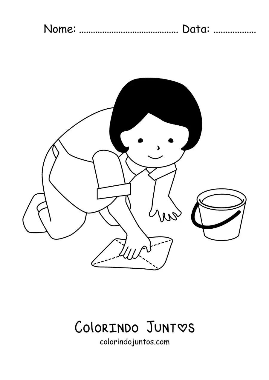Desenho para colorir de uma dona de casa limpando o chão
