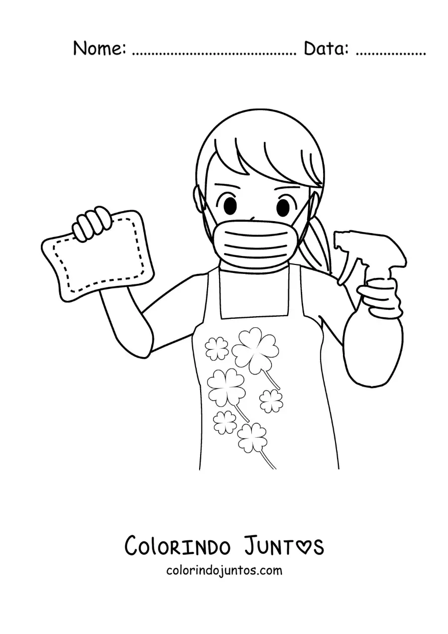 Desenho para colorir de uma mãe com produtos de limpeza doméstica
