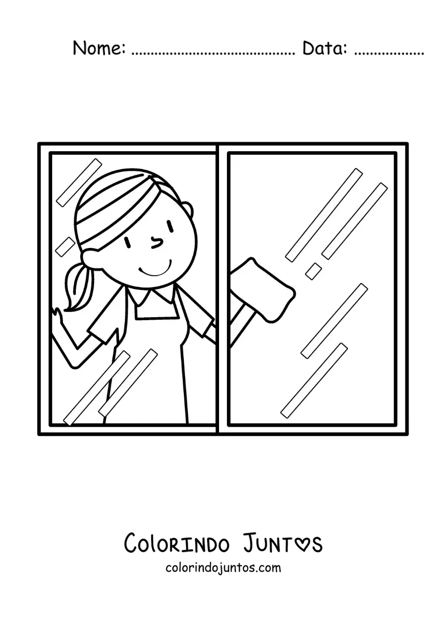 Desenho para colorir de uma mulher limpando as janelas