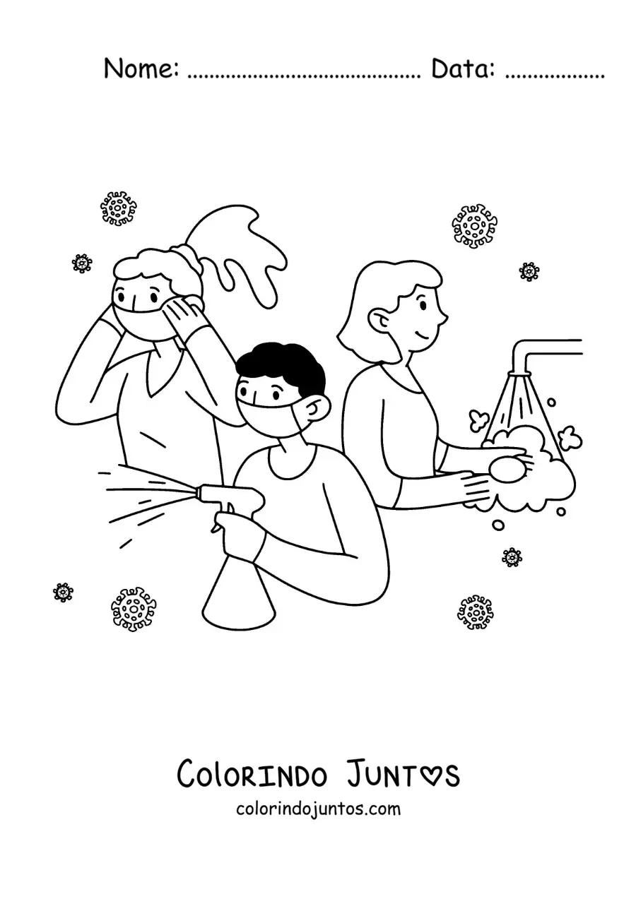 Desenho para colorir de 3 pessoas limpando e desinfetando com o coronavírus ao fundo