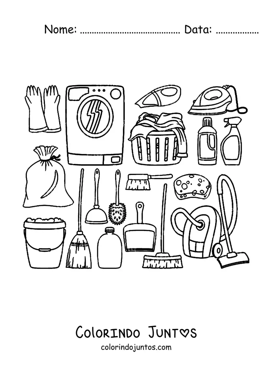 Desenho para colorir de objetos e produtos de limpeza do lar