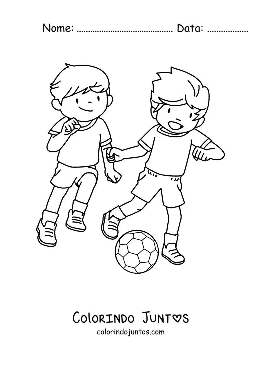 Desenho para colorir de dois meninos jogando futebol