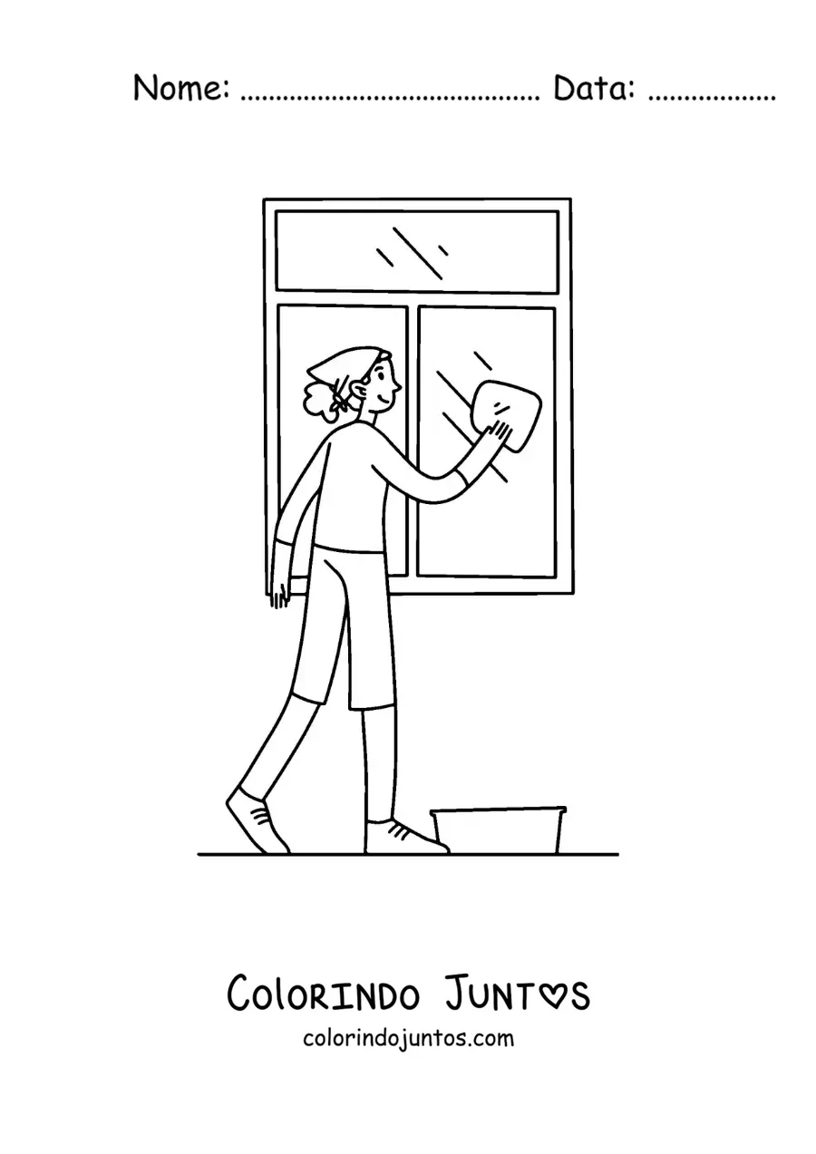 Desenho para colorir de uma garota limpando as janelas de casa