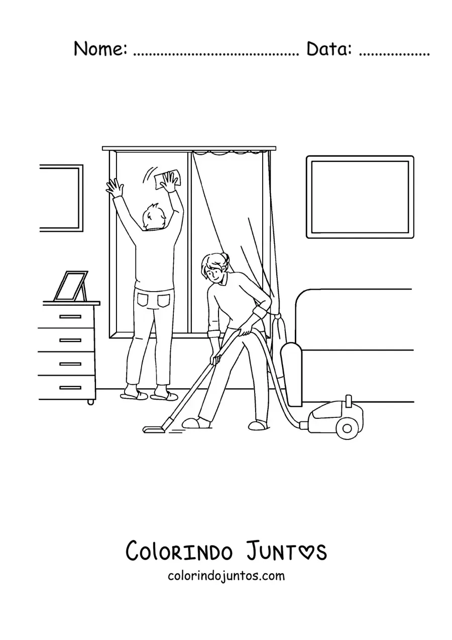 Desenho para colorir de um casal limpando a casa