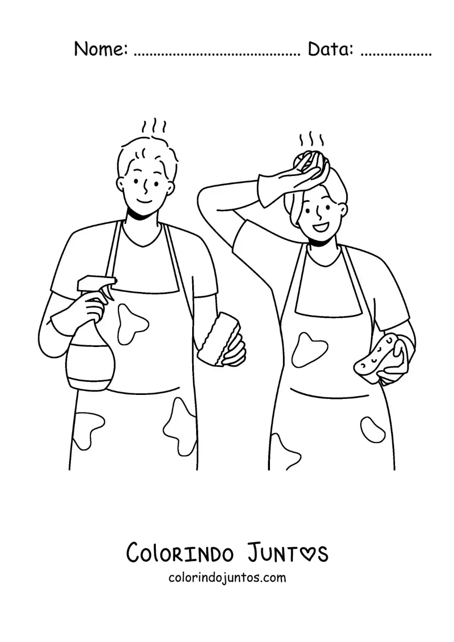 Desenho para colorir de um casal cansado de fazer as tarefas domésticas