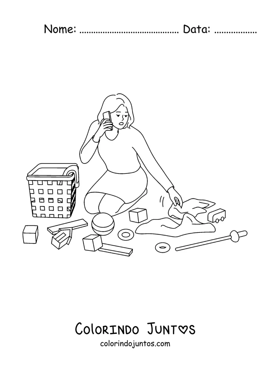 Desenho para colorir de uma mãe recolhendo os brinquedos do filho