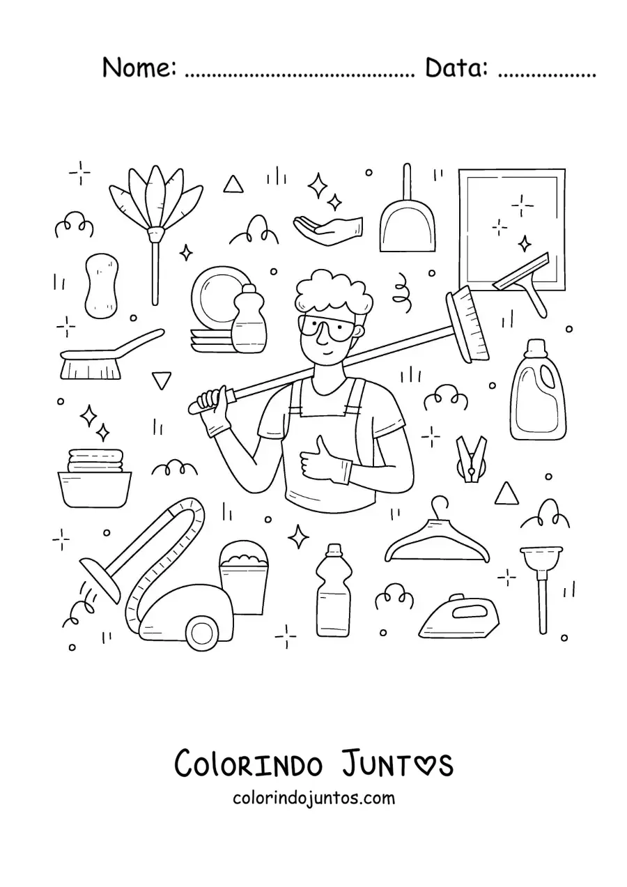Desenho para colorir de um homem com produtos para a limpeza do lar