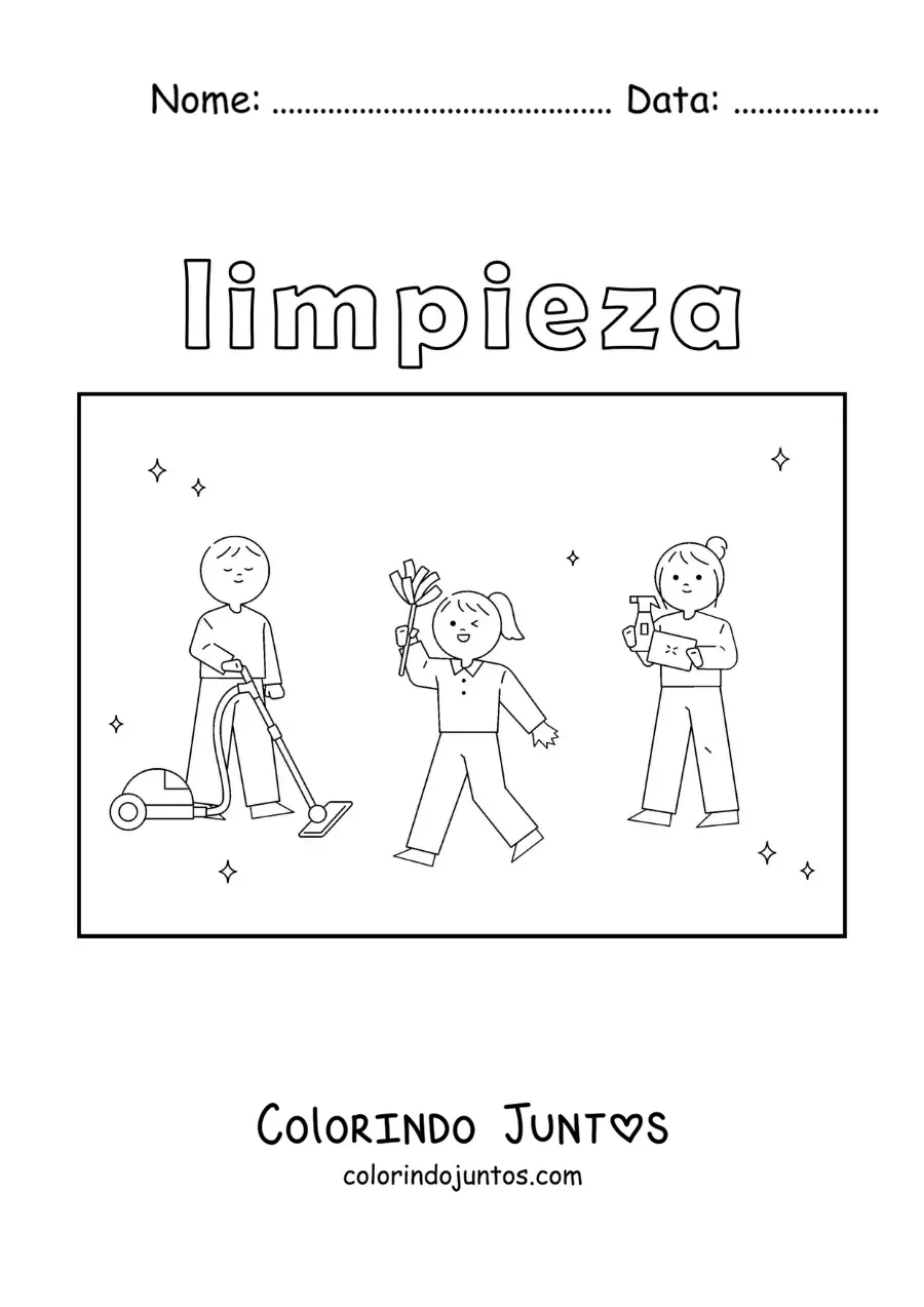 Desenho para colorir de 3 crianças ajudando a fazer as tarefas do lar