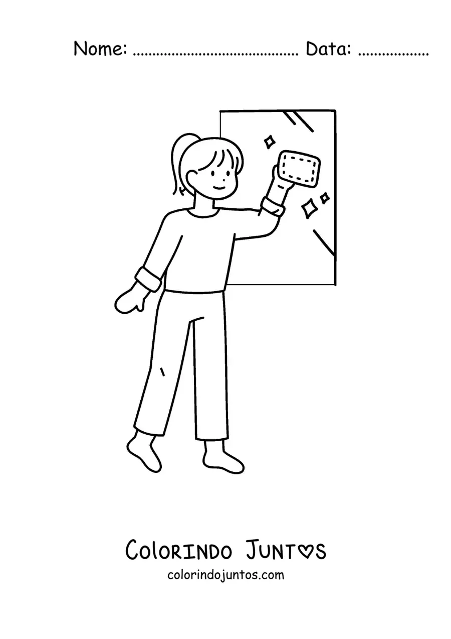 Desenho para colorir de uma menina limpando janelas em casa