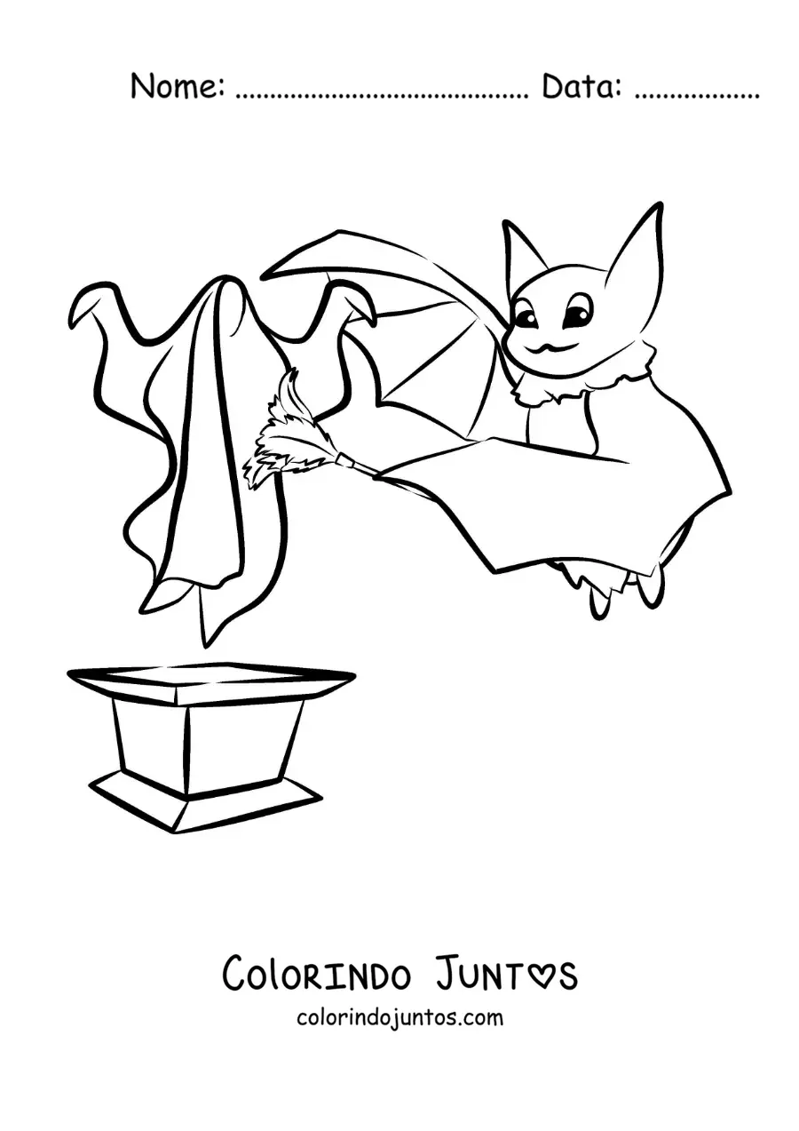 Desenho para colorir de um morcego animado tirando o pó de um fantasma