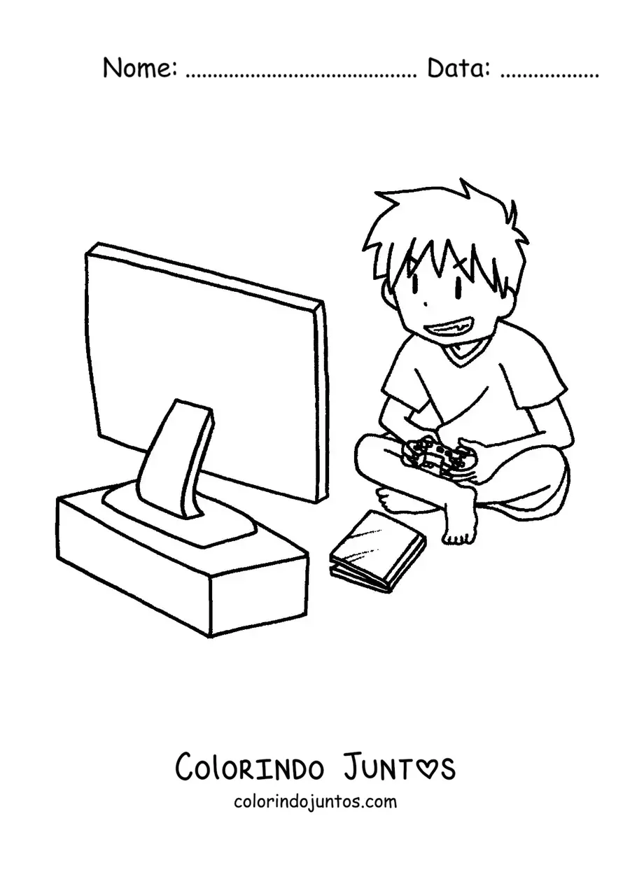 Desenho para colorir de um menino sentado jogando videogame