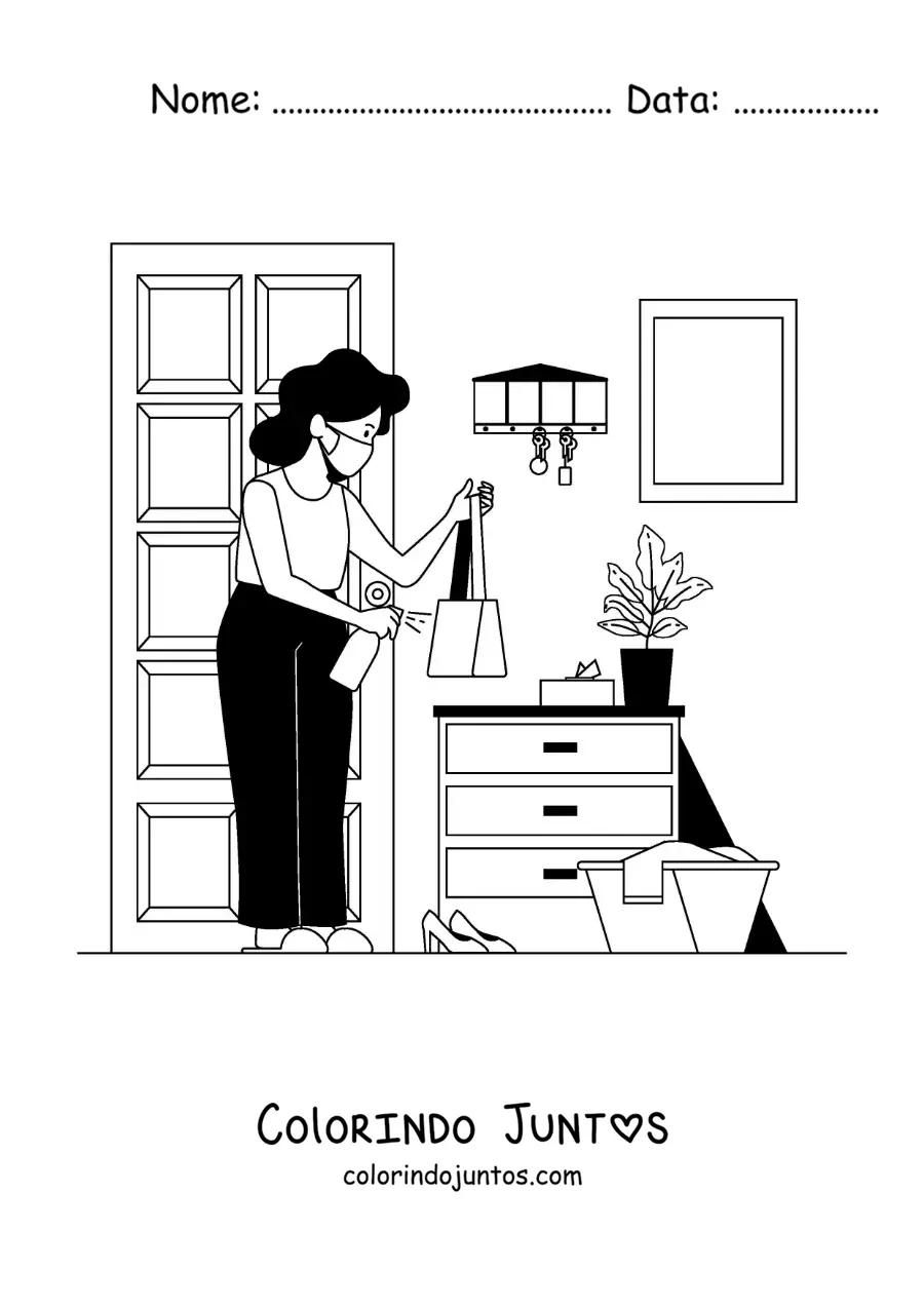 Desenho para colorir de uma mãe arrumando a casa