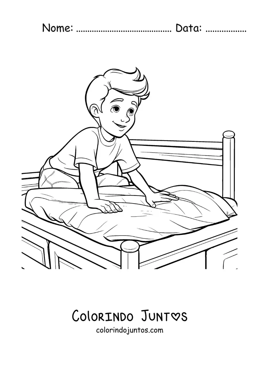 Desenho para colorir de um menino arrumando a cama ao acordar