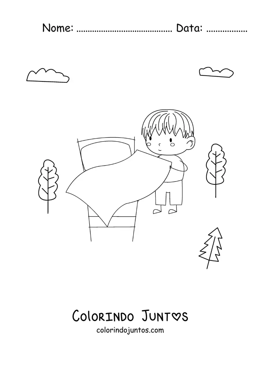 Desenho para colorir de uma menina arrumando a cama de manhã