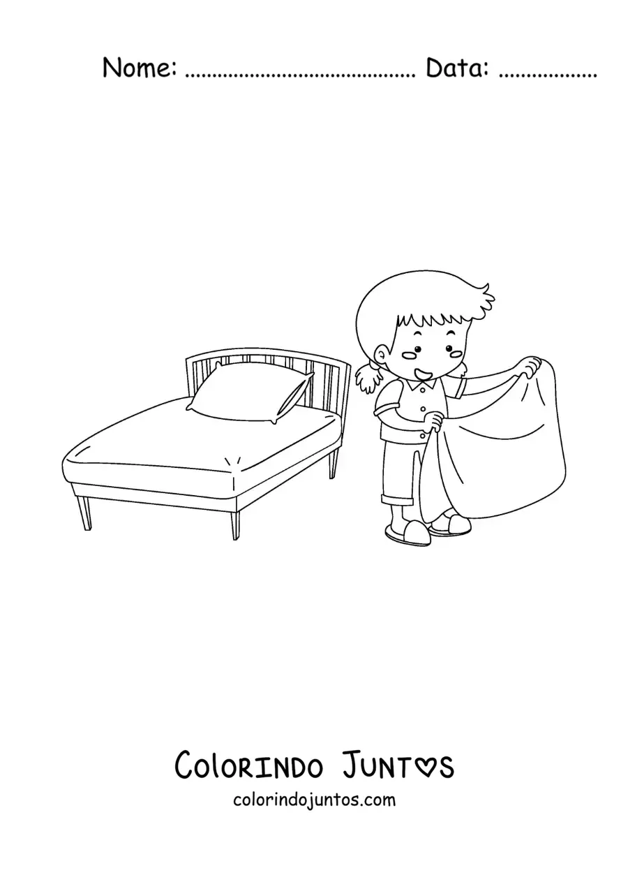 Desenho para colorir de uma menina arrumando a cama ao acordar
