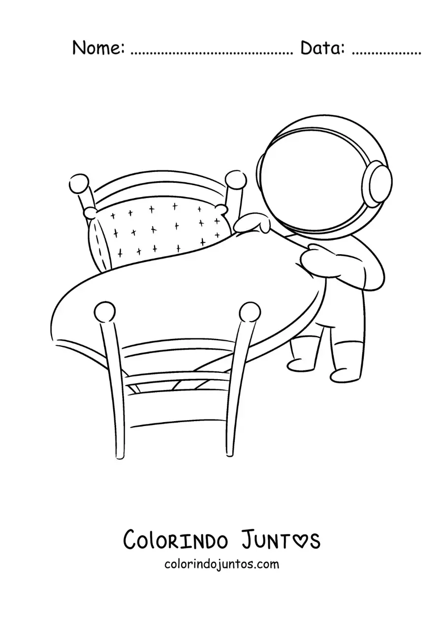 Desenho para colorir de um astronauta animado arrumando a cama