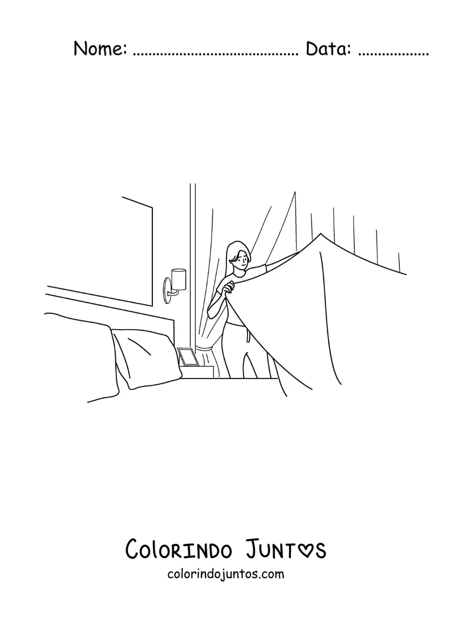 Desenho para colorir de uma mulher arrumando a cama no quarto
