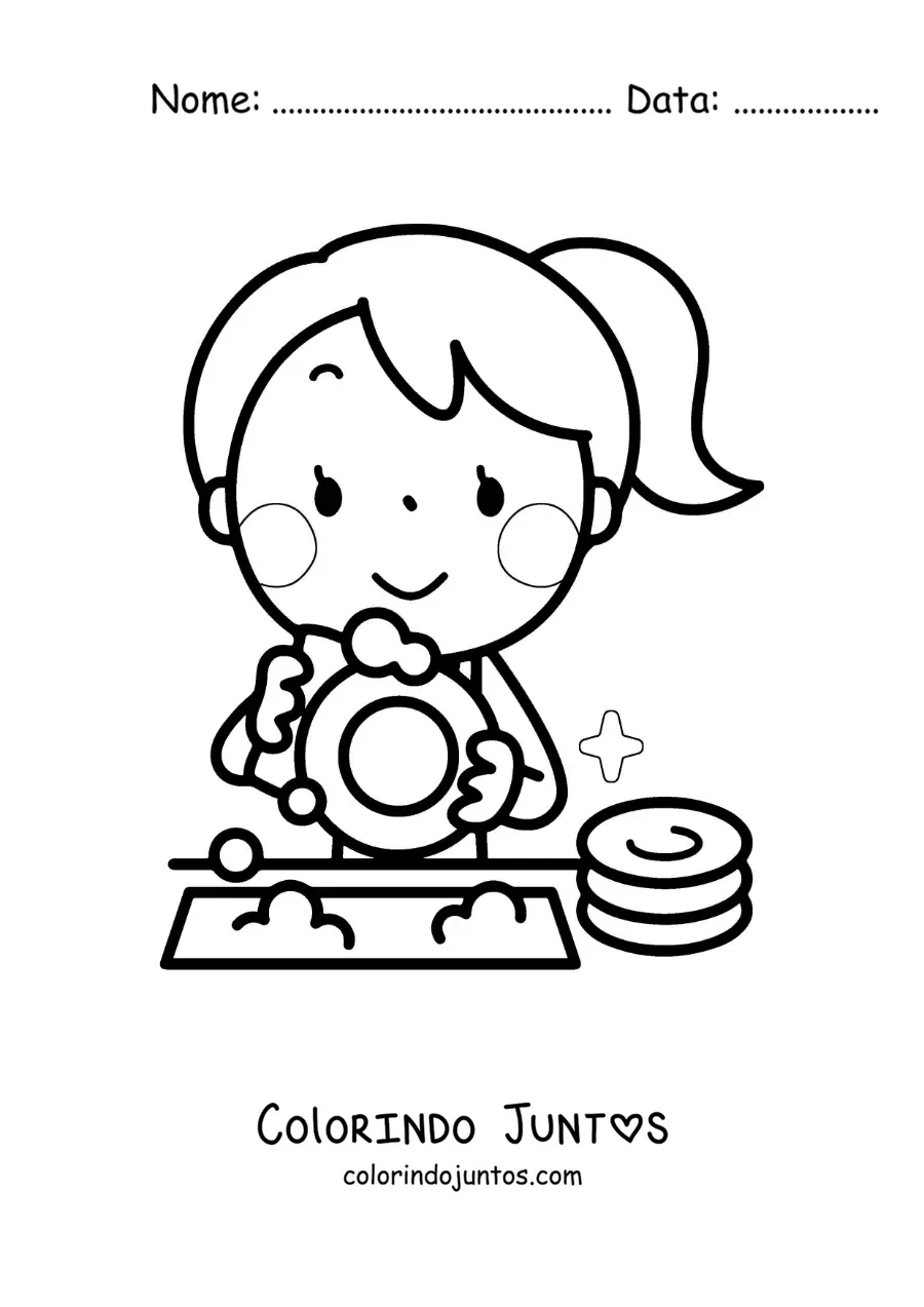 Desenho para colorir de uma menina kawaii lavando a louça
