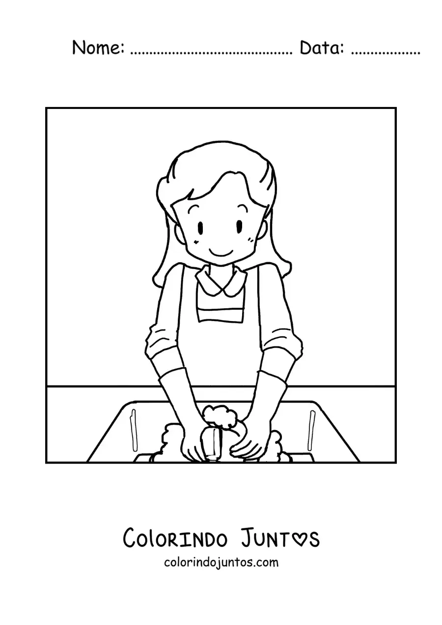 Desenho para colorir de uma mãe animada lavando a louça
