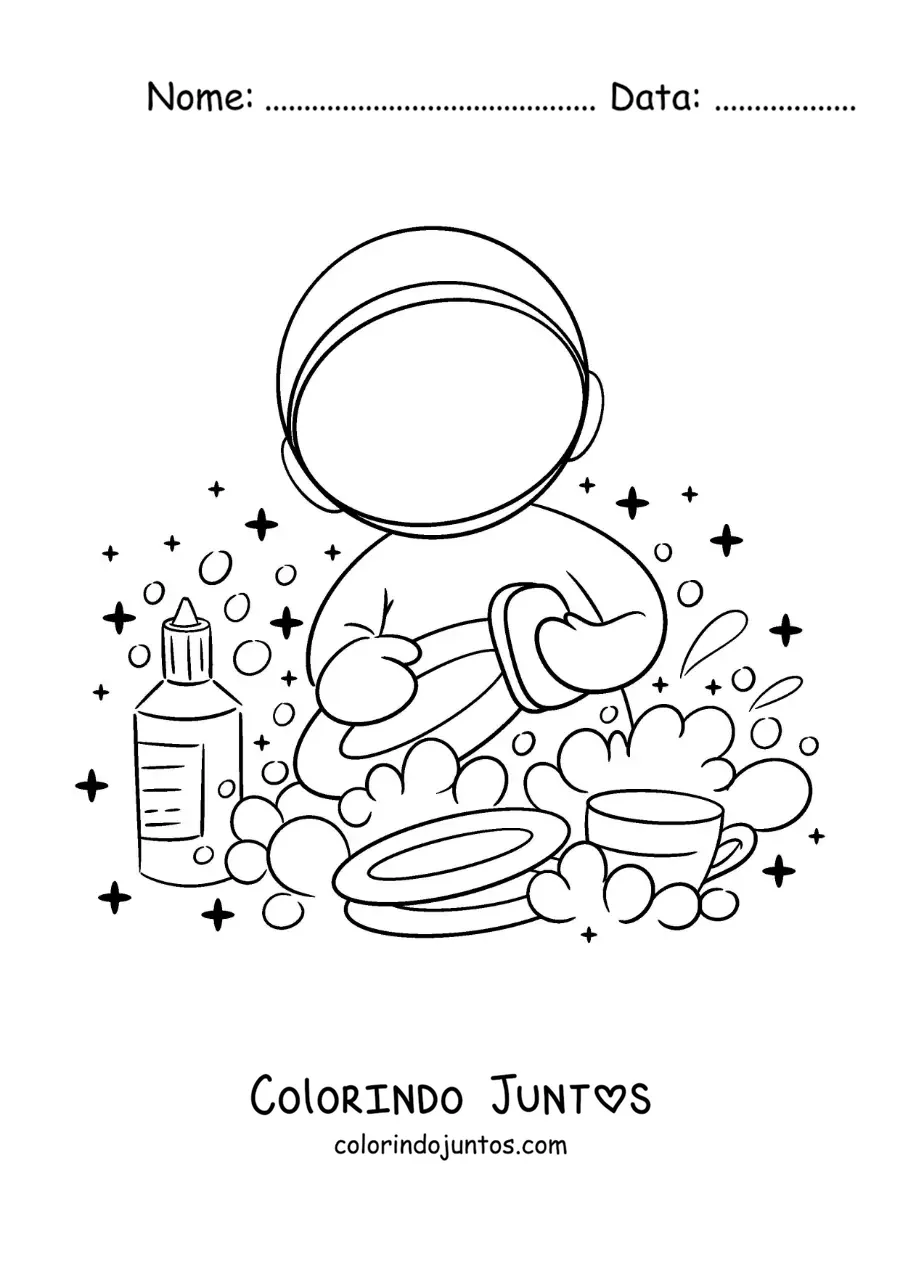 Desenho para colorir de um astronauta animado lavando a louça
