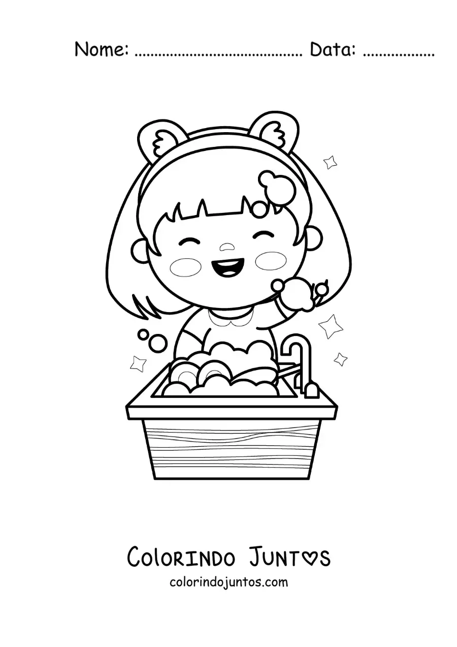 Desenho para colorir de uma menina kawaii lavando a louça na pia