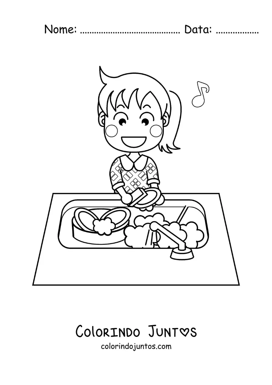Desenho para colorir de uma menina cantando enquanto lava a louça na pia