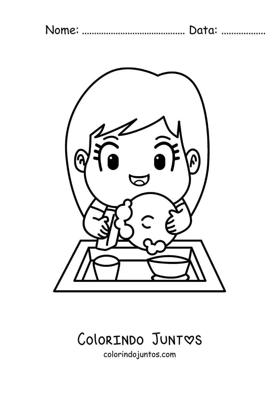 Desenho para colorir de uma menina animada lavando louça