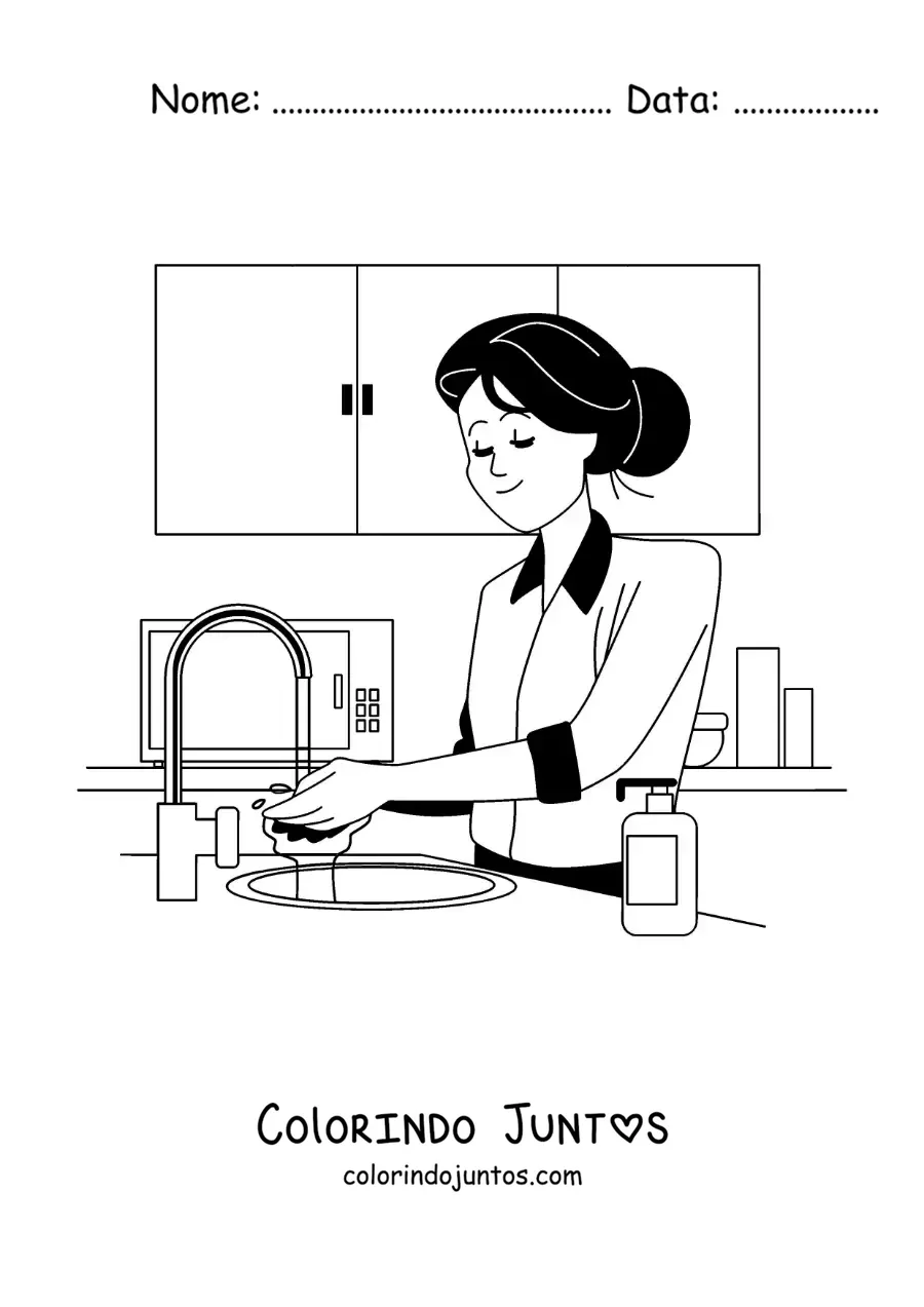 Desenho para colorir de uma mãe lavando louça na cozinha