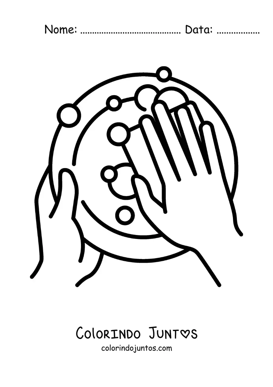 Desenho para colorir de um par de mãos lavando louça com uma esponja