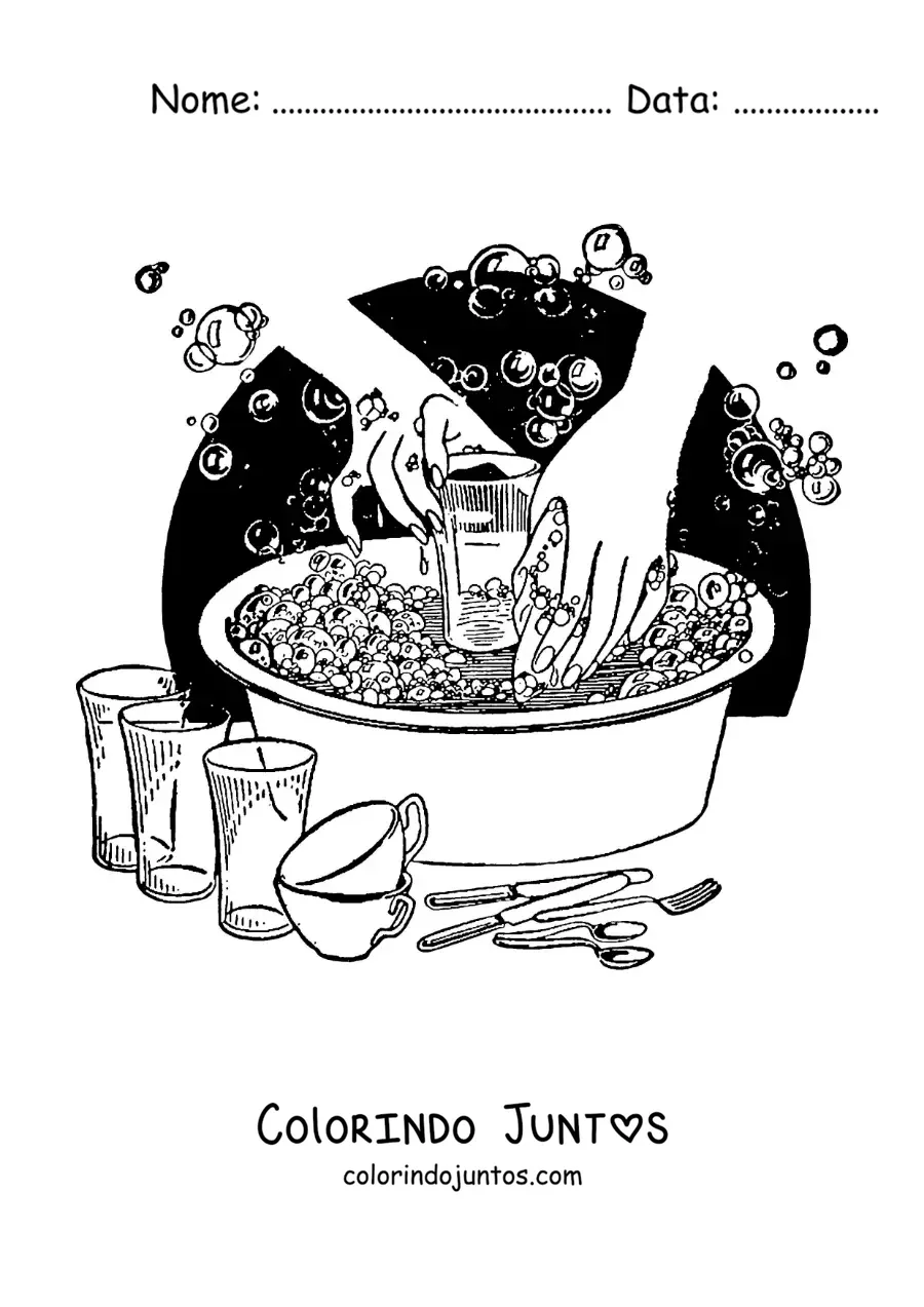 Desenho para colorir de um par de mãos lavando louça numa bacia
