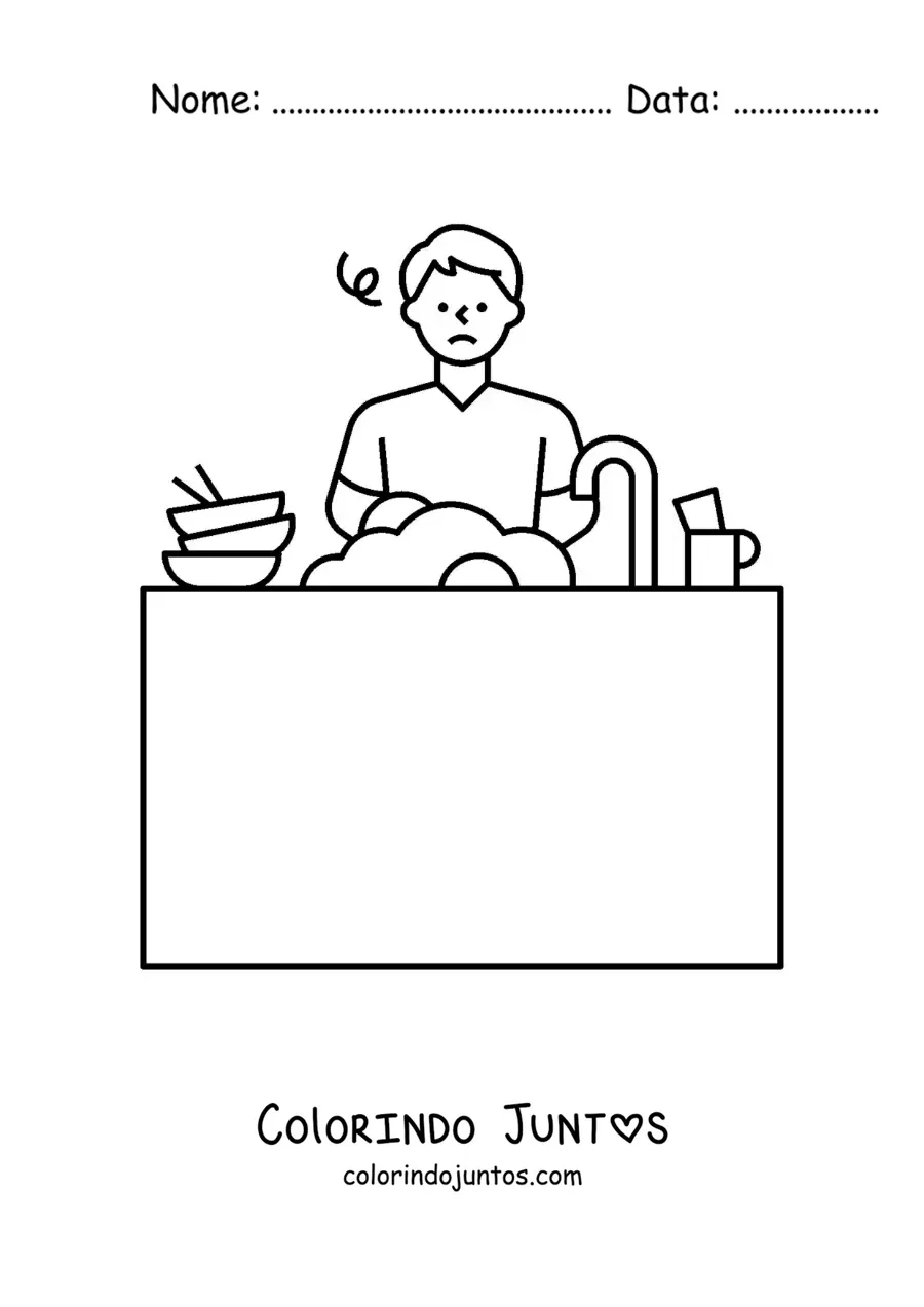 Desenho para colorir de um homem lavando louça na pia