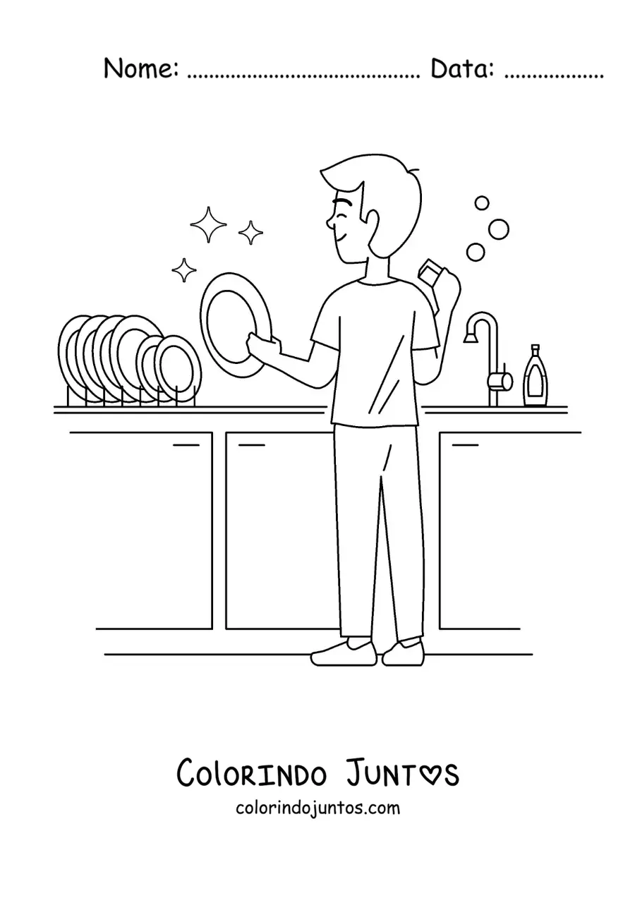 Desenho para colorir de um pai lavando louça na cozinha