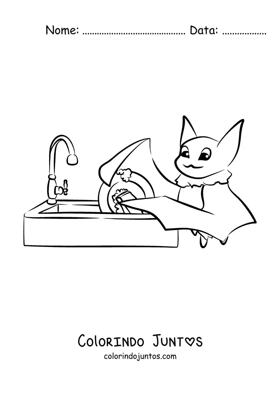 Desenho para colorir de um morcego lavando a louça na pia