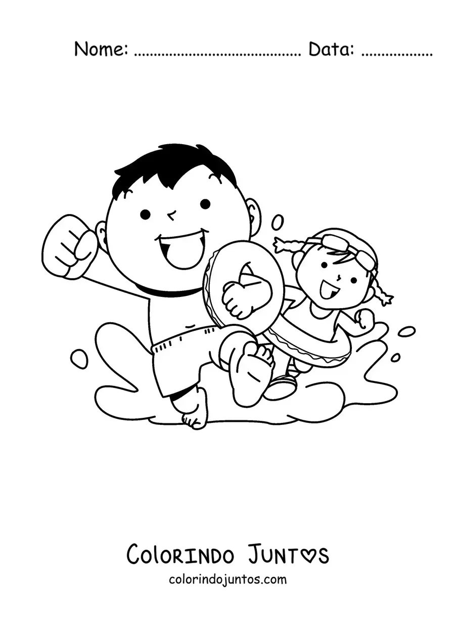 Desenho para colorir de duas crianças correndo para nadar na piscina