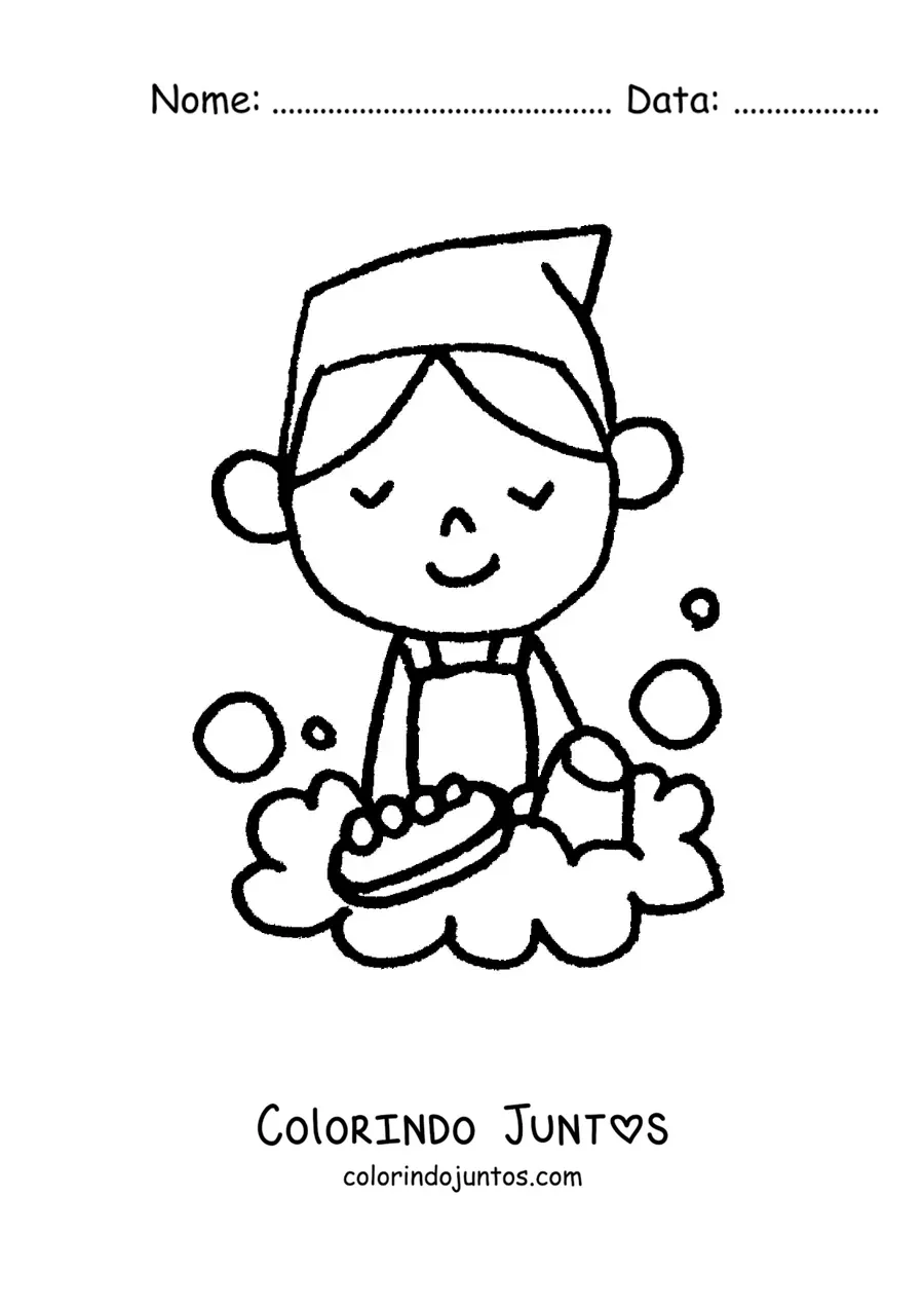Desenho para colorir de um menino lavando louça com uma esponja