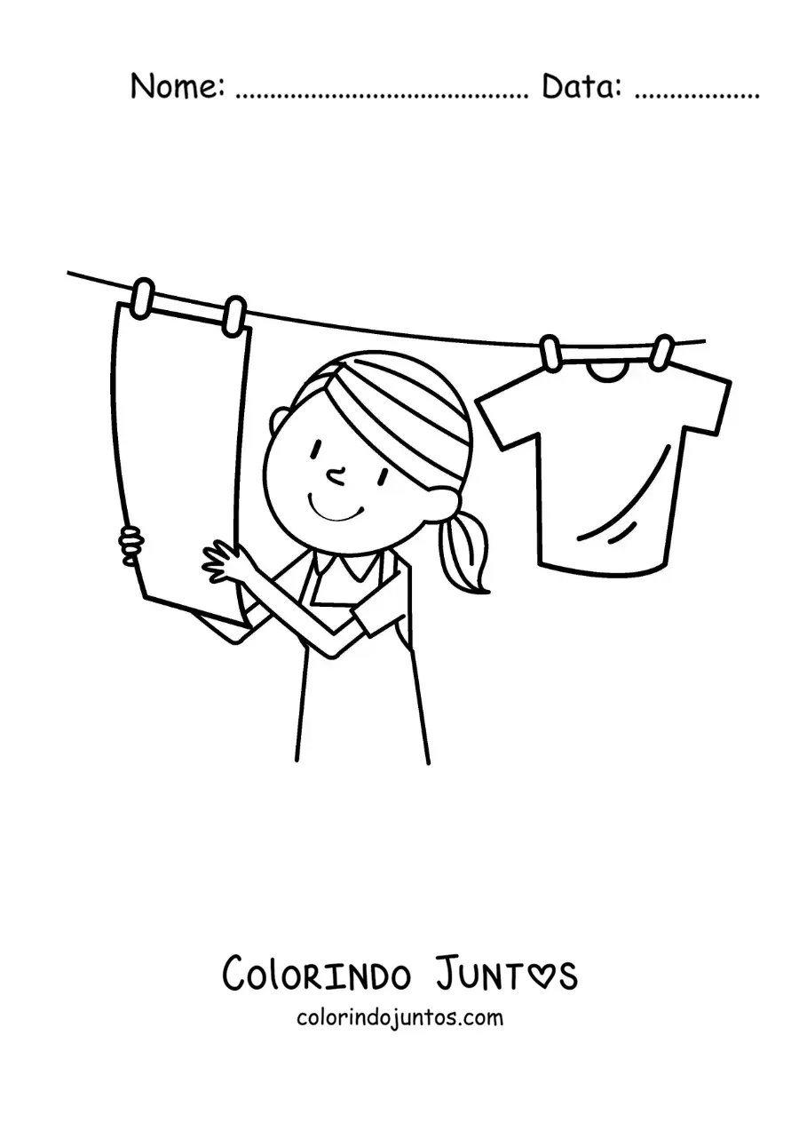 Desenho para colorir de uma menina pendurando a roupa limpa no varal