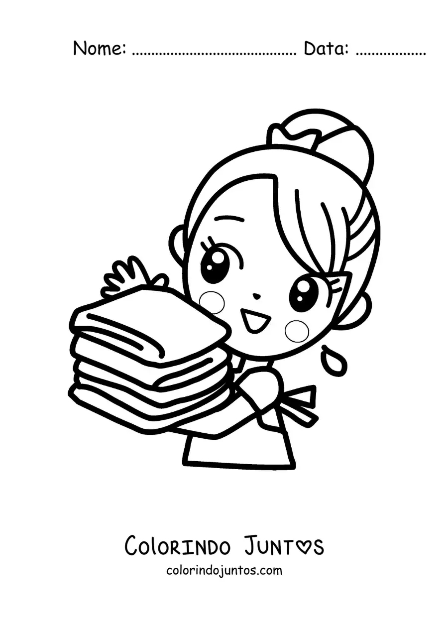 Desenho para colorir de uma menina kawaii carregando roupa limpa dobrada