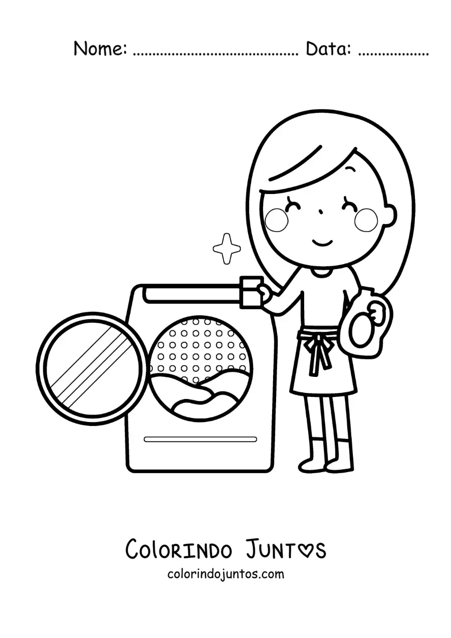 Desenho para colorir de uma mãe animada lavando roupa na máquina de lavar